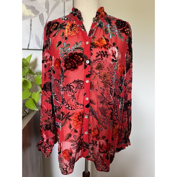 John Mark Tops - John‎ Mark Top Womens Medium Red Floral Sheer Velvet Burnout Tunic Boho Romantic